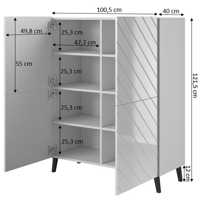 На фото схема з розмірами комоду 100 ABETO CAMA білий / білий глянець