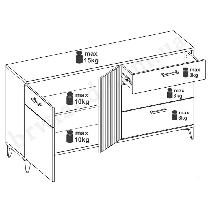 На фото схема навантаження комоду комплекту меблів для їдальні ARIS LIVEO