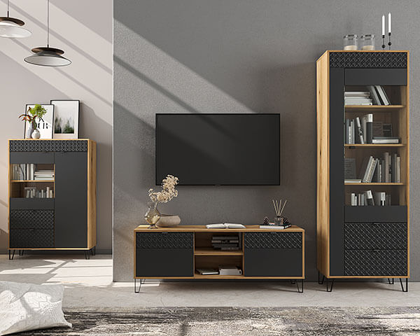 Фото низької вітрини BELLANO MEBELBOS 1D1W2S в інтер'єрі вітальні