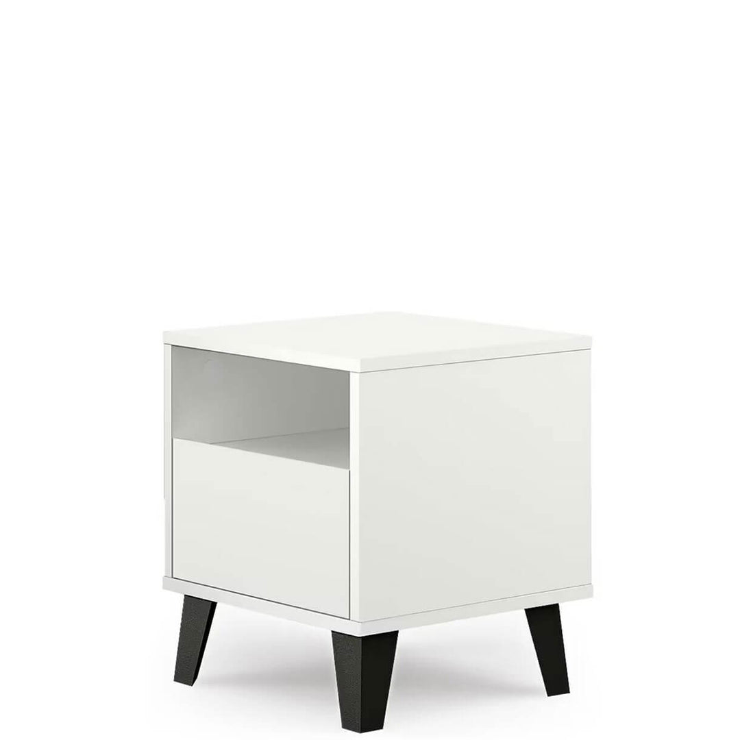 Фото вигляду збоку білої приліжкової тумбочки BORG MEBELBOS 1S