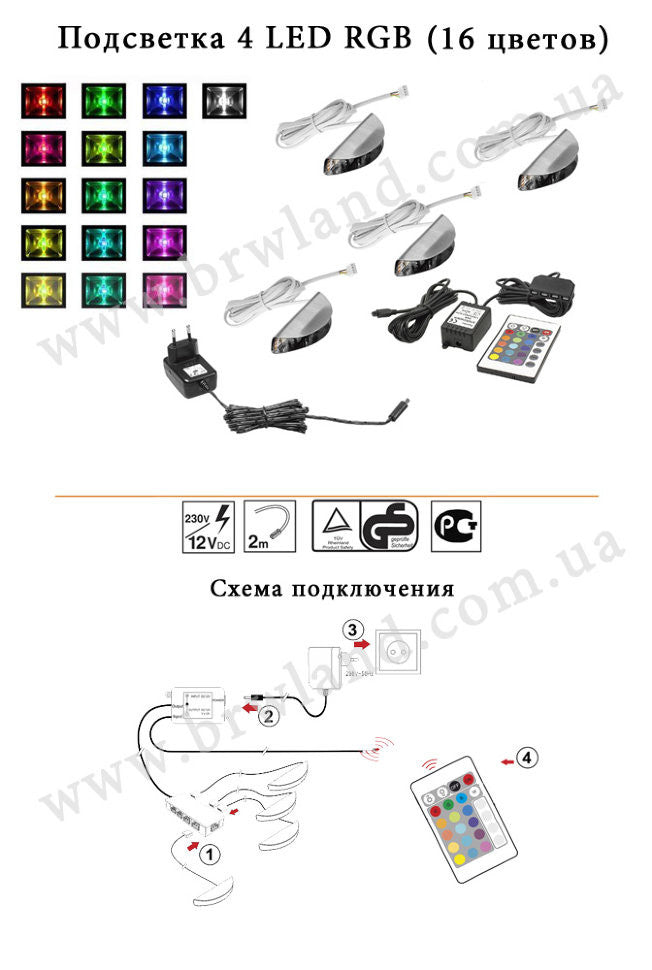 Фото підсвітки 4 LED RGB вітрини меблів VIGO CAMA MEBLE