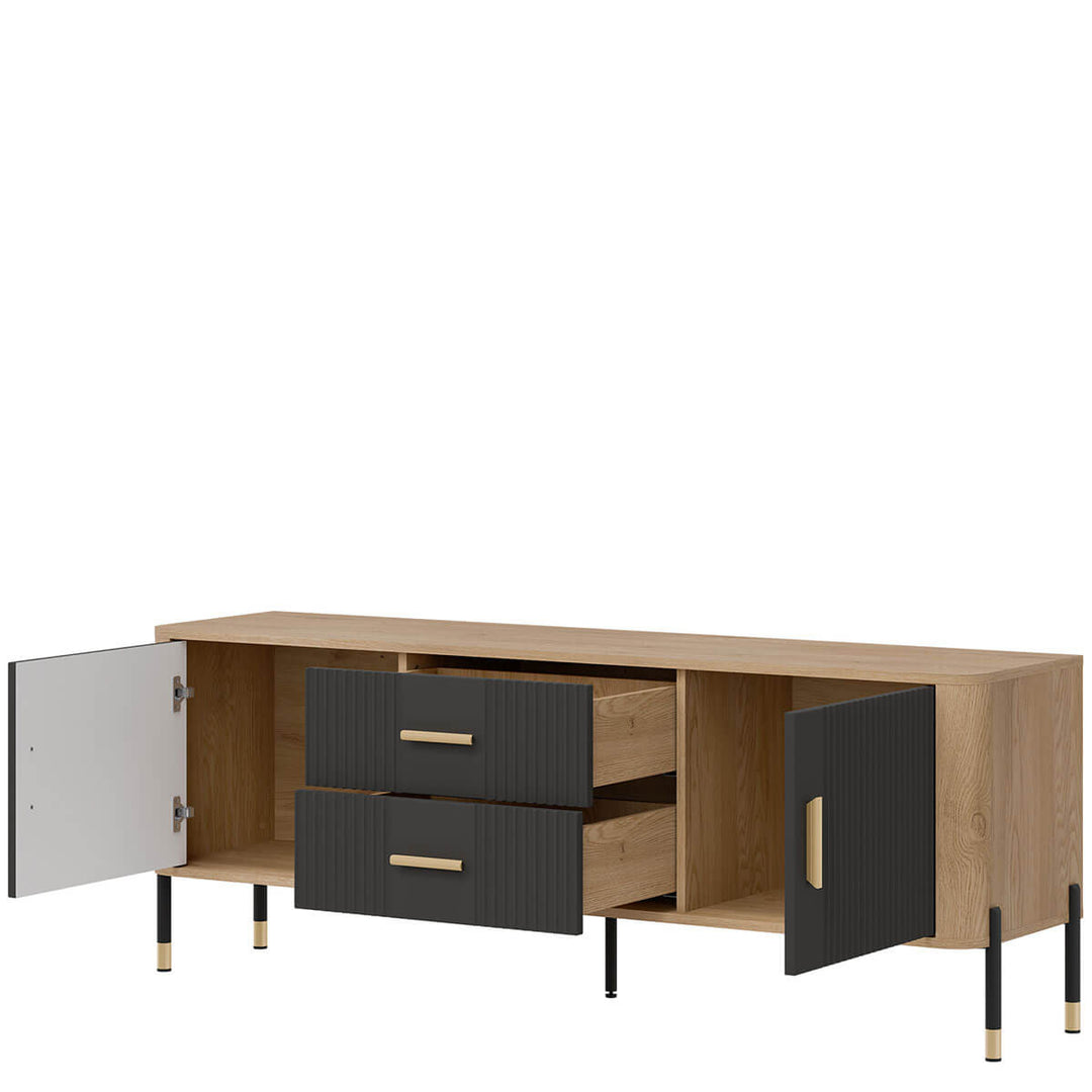 Фото вигляду справа наповнення тумби під телевізор DANTE LIVEO DT01 дуб кремона торро / антрацит / золоті ручки