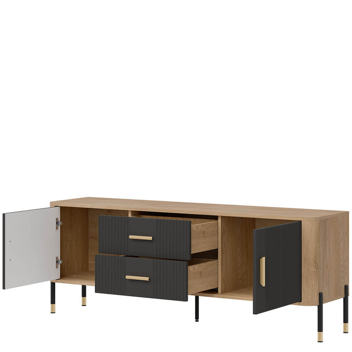 Фото вигляду справа наповнення тумби під телевізор DANTE LIVEO DT01 дуб кремона торро / антрацит / золоті ручки