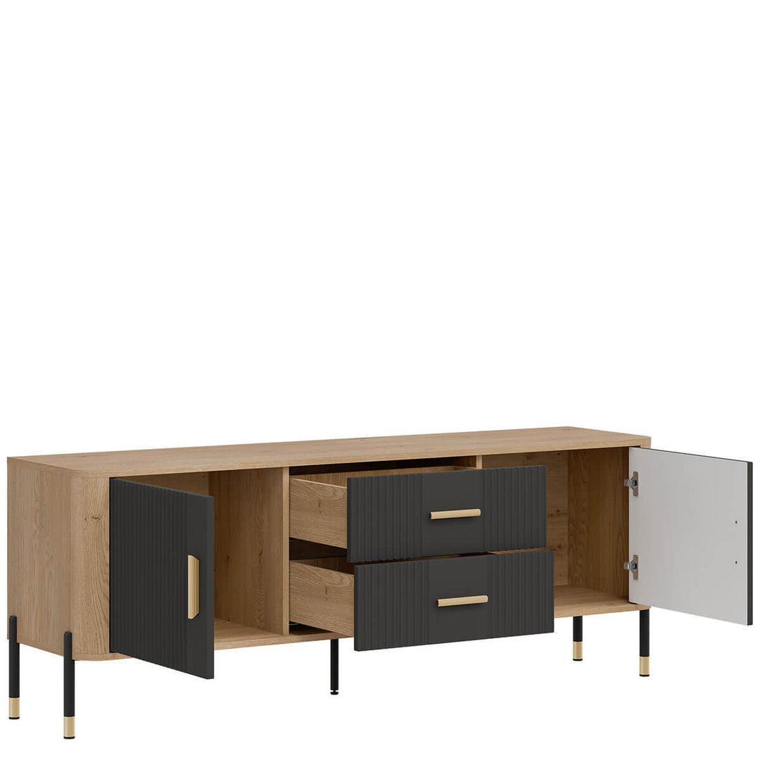 Фото вигляду зліва наповнення тумби під телевізор DANTE LIVEO DT01 дуб кремона торро / антрацит / золоті ручки