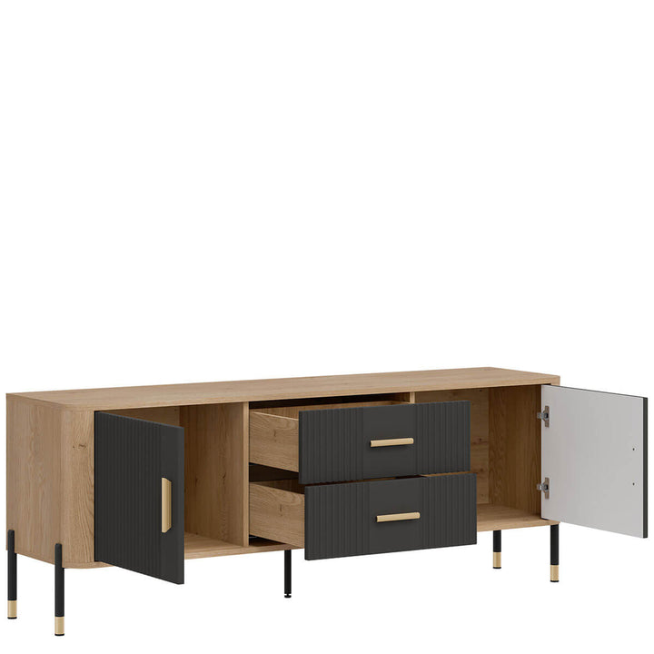 Фото вигляду зліва наповнення тумби під телевізор DANTE LIVEO DT01 дуб кремона торро / антрацит / золоті ручки