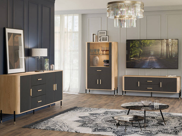 Фото тумби під телевізор DANTE LIVEO DT01 дуб кремона торро / антрацит / золоті ручки в інтер'єрі вітальні