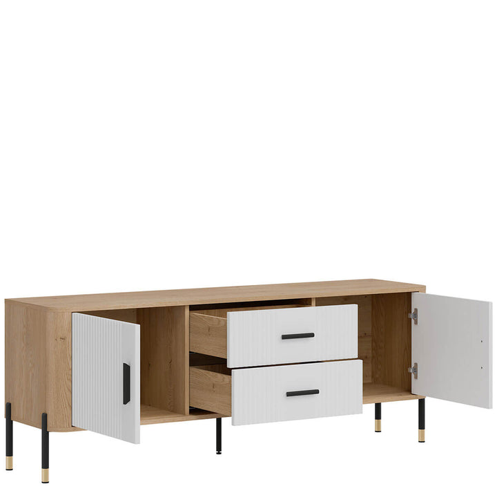 Фото вигляду зліва наповнення тумби під телевізор DANTE LIVEO DT01 дуб кремона торро / білий / чорні ручки