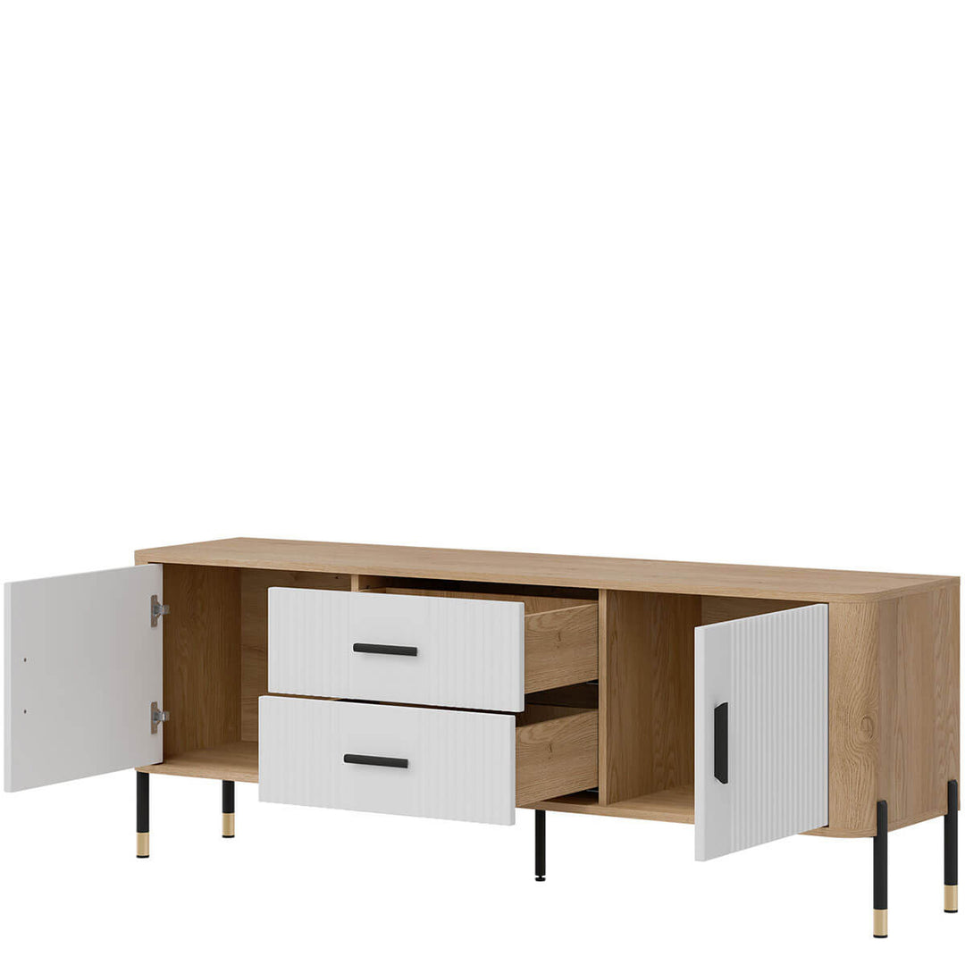 Фото вигляду справа наповнення тумби під телевізор DANTE LIVEO DT01 дуб кремона торро / білий / чорні ручки