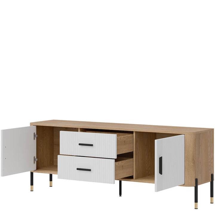 Фото вигляду справа наповнення тумби під телевізор DANTE LIVEO DT01 дуб кремона торро / білий / чорні ручки