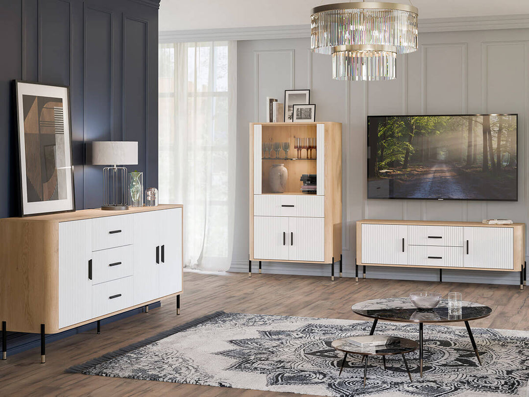 Фото тумби під телевізор DANTE LIVEO DT01 дуб кремона торро / білий / чорні ручки в інтер'єрі вітальні