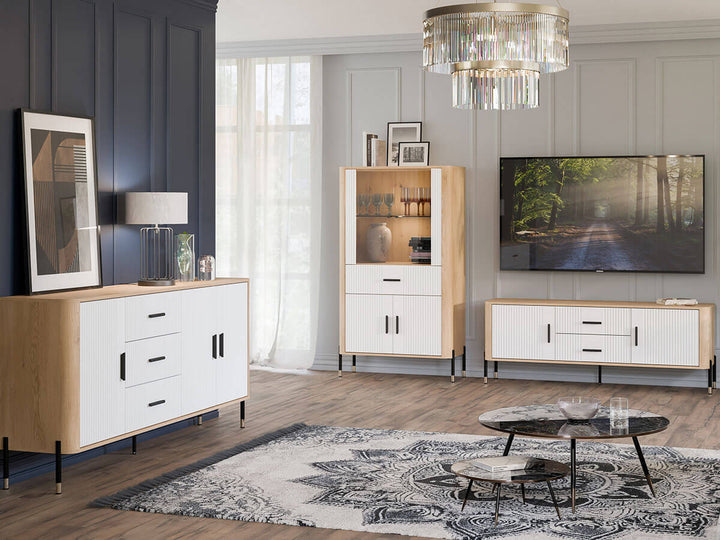 Фото тумби під телевізор DANTE LIVEO DT01 дуб кремона торро / білий / чорні ручки в інтер'єрі вітальні