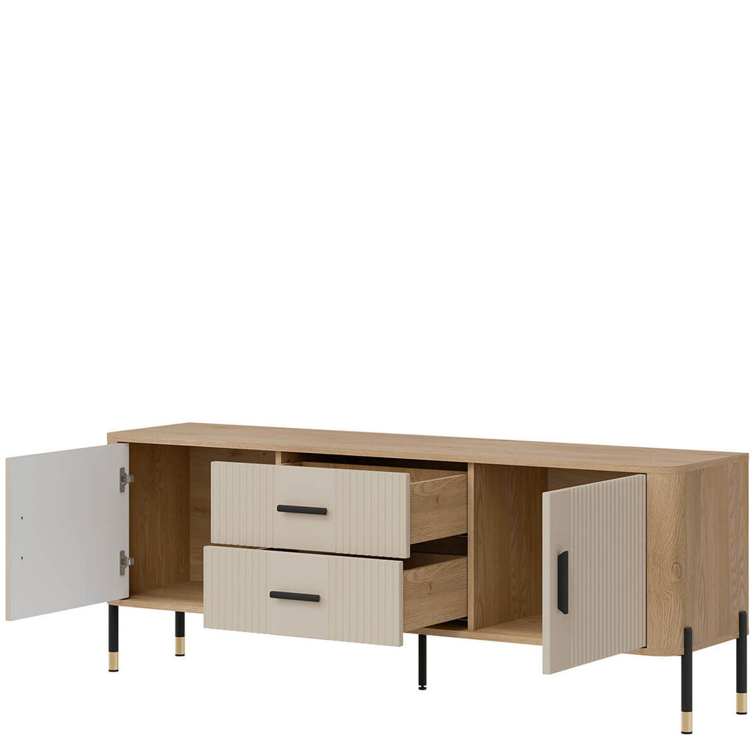 Фото вигляду справа наповнення тумби під телевізор DANTE LIVEO DT01 дуб кремона торро / кашемір / чорні ручки