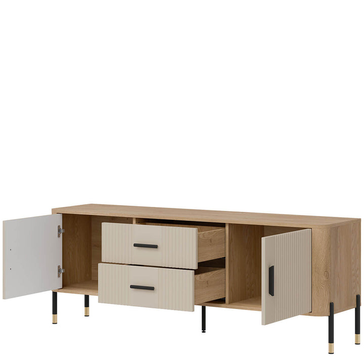 Фото вигляду справа наповнення тумби під телевізор DANTE LIVEO DT01 дуб кремона торро / кашемір / чорні ручки