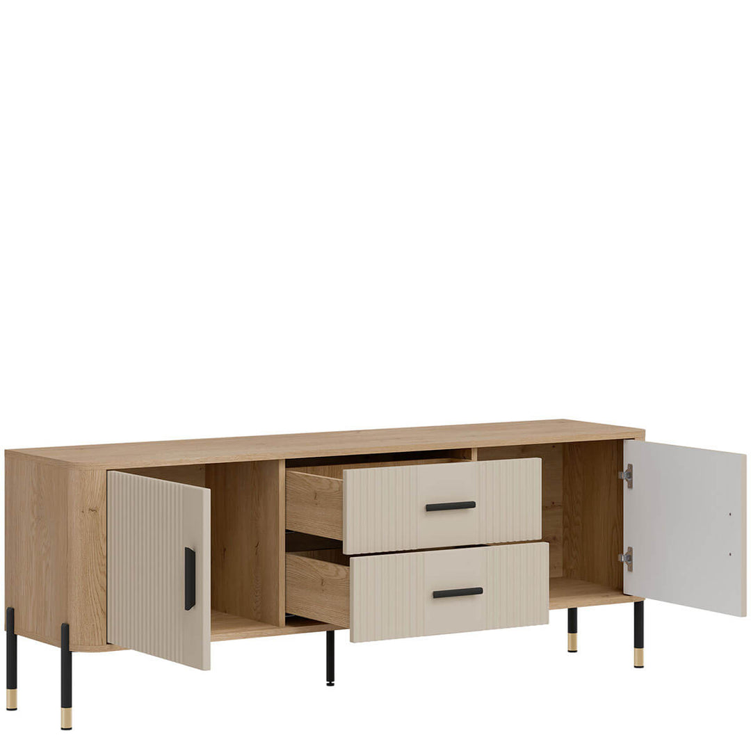 Фото вигляду зліва наповнення тумби під телевізор DANTE LIVEO DT01 дуб кремона торро / кашемір / чорні ручки