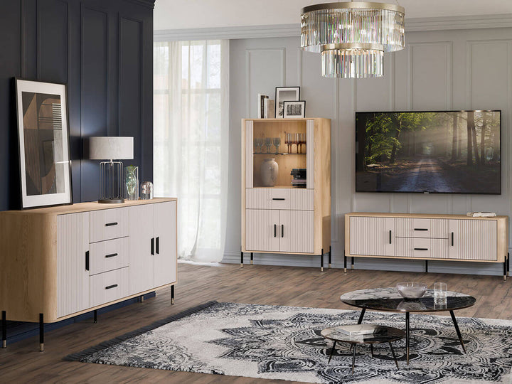 Фото тумби під телевізор DANTE LIVEO DT01 дуб кремона торро / кашемір / чорні ручки в інтер'єрі вітальні