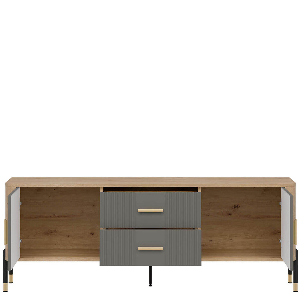 Фото наповнення тумби під телевізор DANTE LIVEO DT01 дуб кремона торро / сірий / золоті ручки