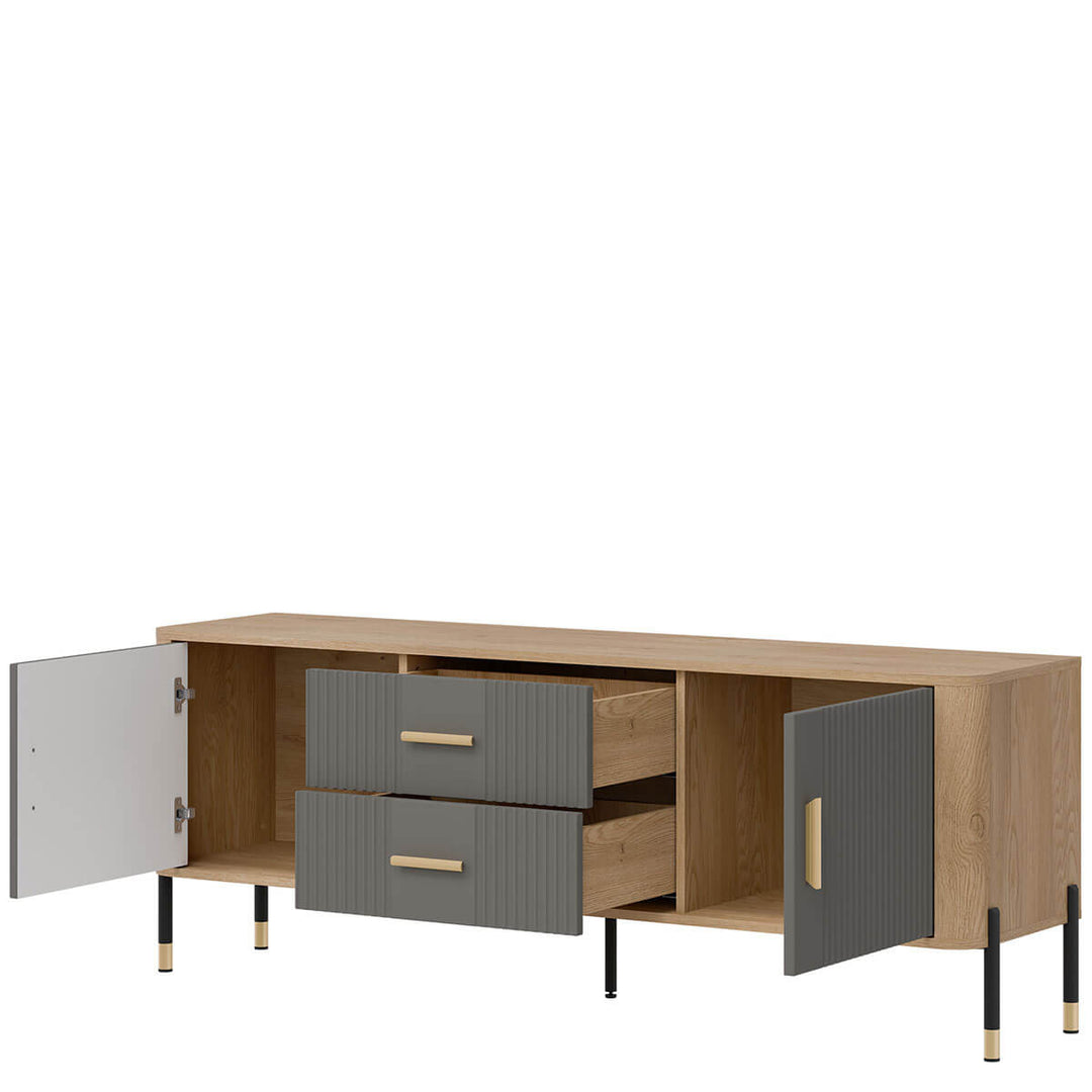 Фото вигляду справа наповнення тумби під телевізор DANTE LIVEO DT01 дуб кремона торро / сірий / золоті ручки