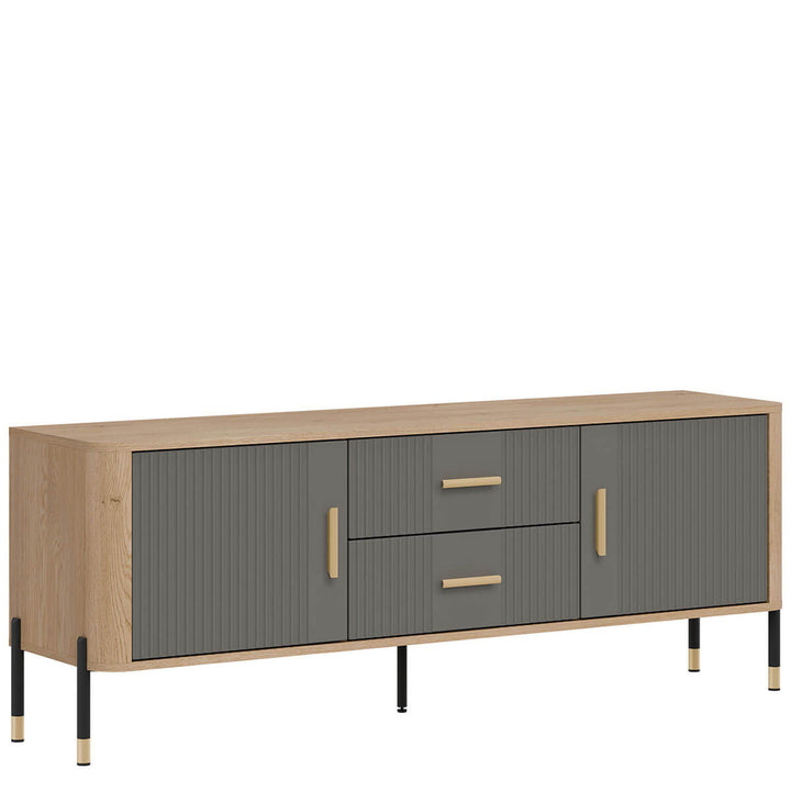 Фото вигляду зліва тумби під телевізор DANTE LIVEO DT01 дуб кремона торро / сірий / золоті ручки