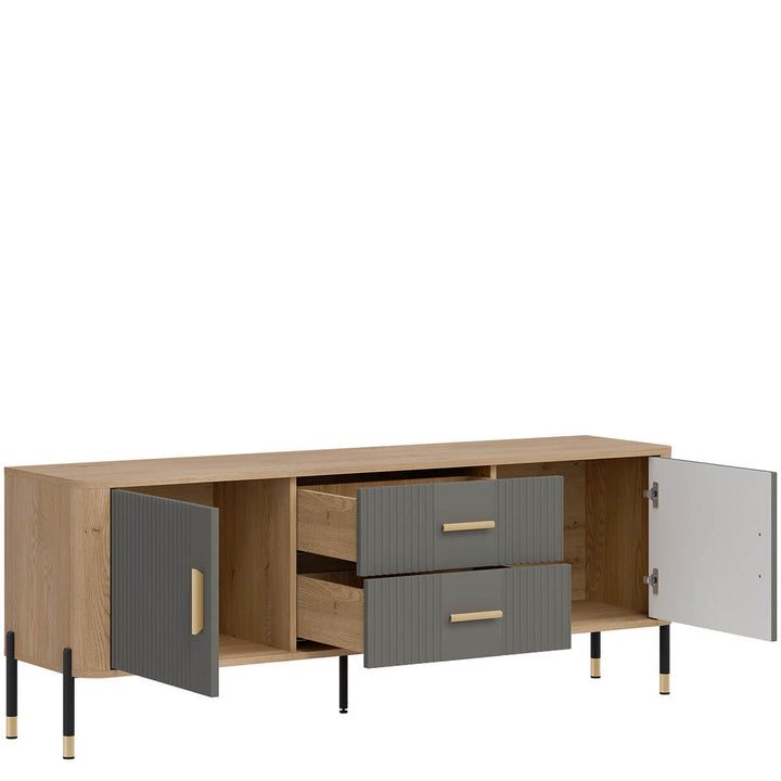 Фото вигляду зліва наповнення тумби під телевізор DANTE LIVEO DT01 дуб кремона торро / сірий / золоті ручки