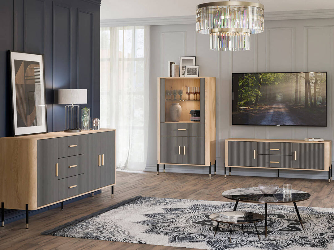 Фото тумби під телевізор DANTE LIVEO DT01 дуб кремона торро / сірий / золоті ручки в інтер'єрі вітальні