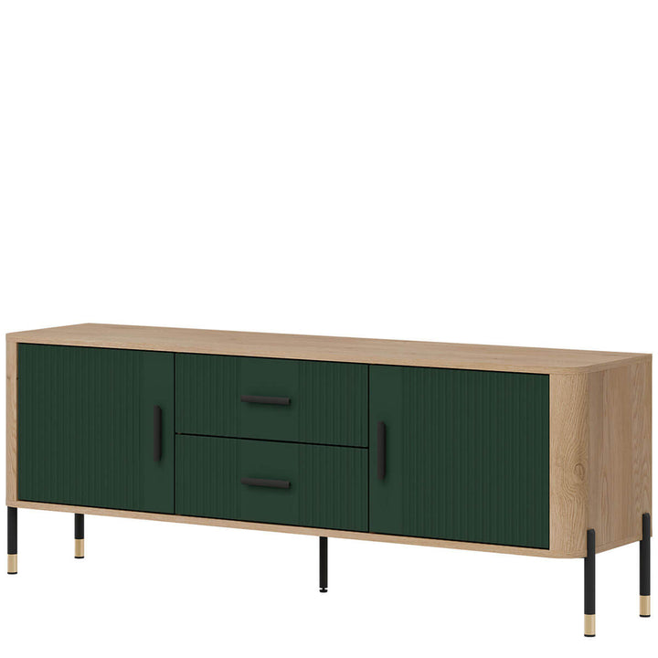 Фото вигляду справа тумби під телевізор DANTE LIVEO DT01 дуб кремона торро / зелений / чорні ручки