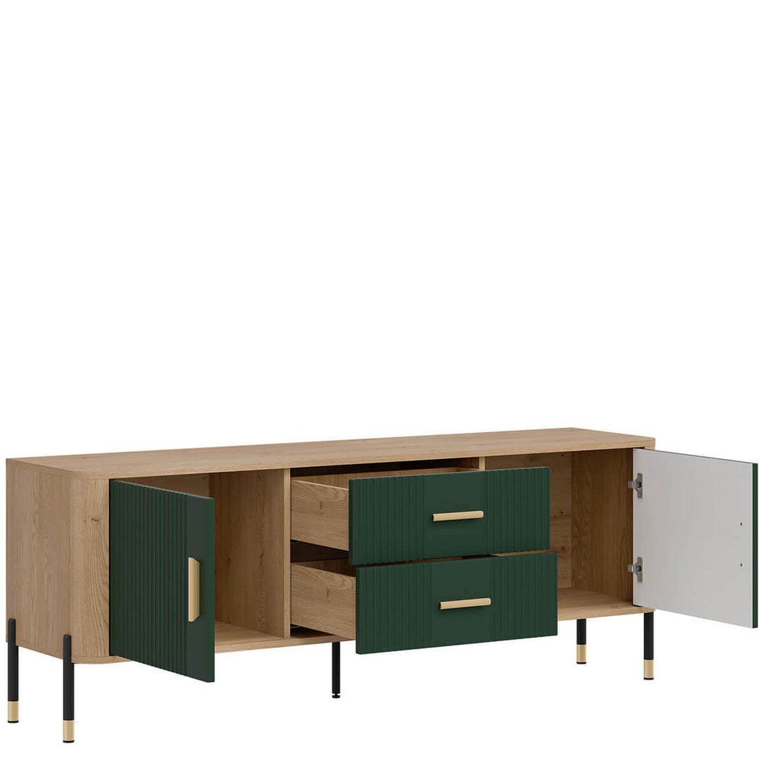 Фото вигляду зліва наповнення тумби під телевізор DANTE LIVEO DT01 дуб кремона торро / зелений / золоті ручки