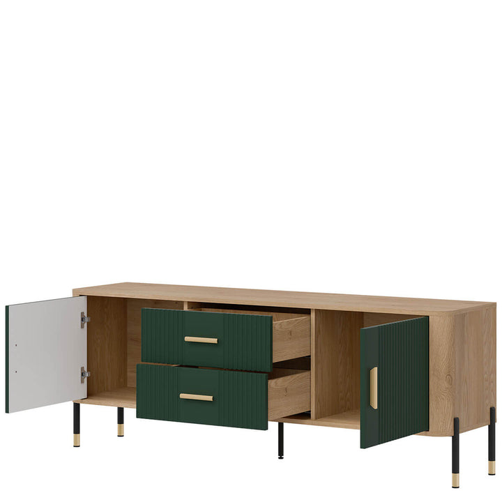 Фото вигляду справа наповнення тумби під телевізор DANTE LIVEO DT01 дуб кремона торро / зелений / золоті ручки