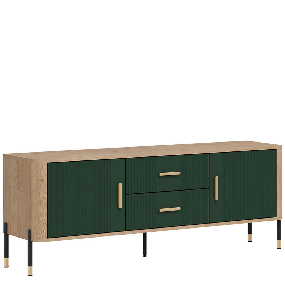 Фото вигляду зліва тумби під телевізор DANTE LIVEO DT01 дуб кремона торро / зелений / золоті ручки