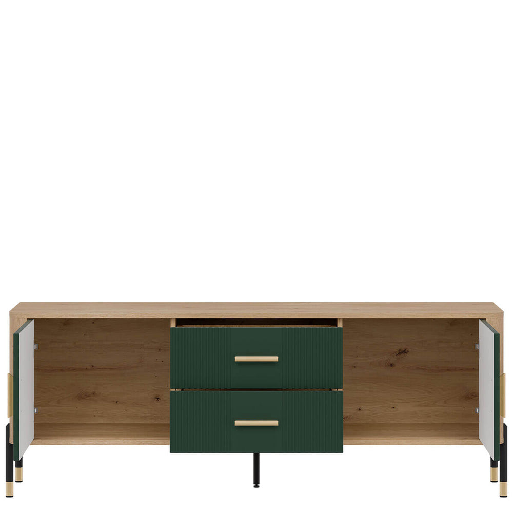 Фото наповнення тумби під телевізор DANTE LIVEO DT01 дуб кремона торро / зелений / золоті ручки