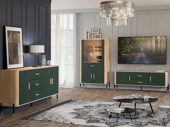 Фото тумби під телевізор DANTE LIVEO DT01 дуб кремона торро / зелений / золоті ручки в інтер'єрі вітальні