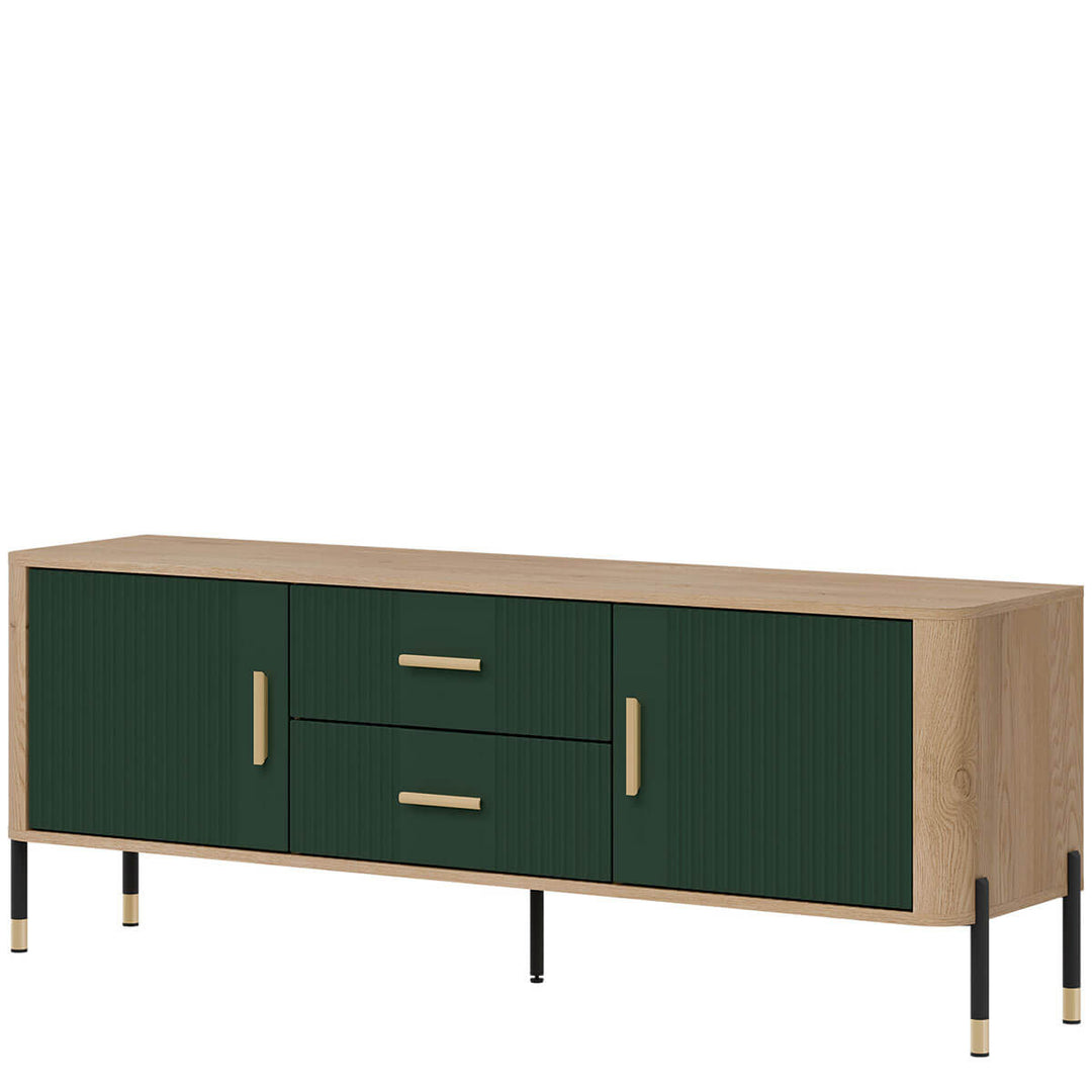 Фото вигляду справа тумби під телевізор DANTE LIVEO DT01 дуб кремона торро / зелений / золоті ручки