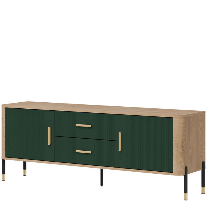 Фото вигляду справа тумби під телевізор DANTE LIVEO DT01 дуб кремона торро / зелений / золоті ручки