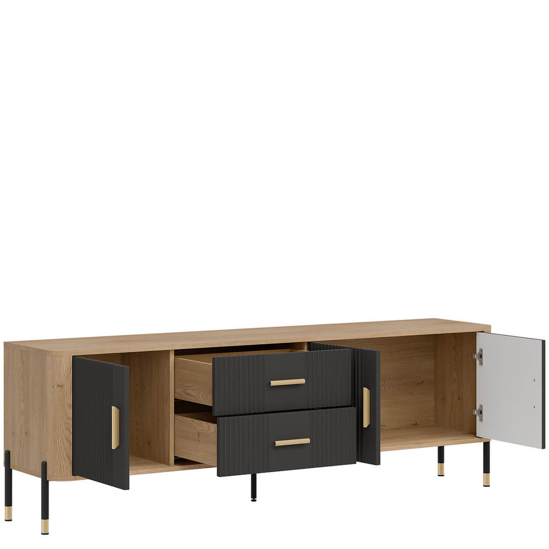 Фото вигляду зліва наповнення тумби під телевізор DANTE LIVEO DT02 дуб кремона торро / антрацит / золоті ручки