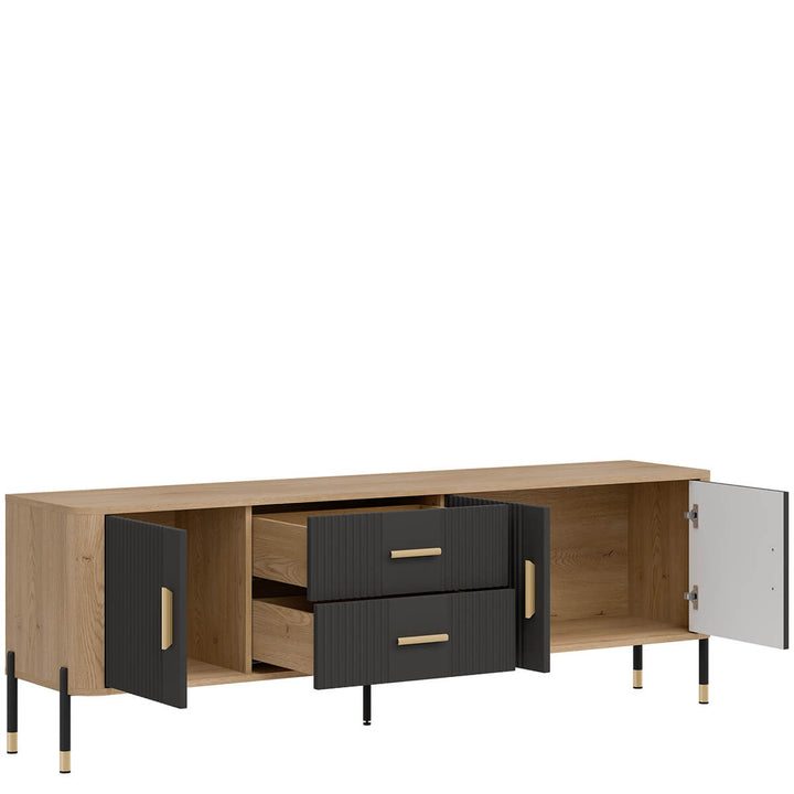 Фото вигляду зліва наповнення тумби під телевізор DANTE LIVEO DT02 дуб кремона торро / антрацит / золоті ручки