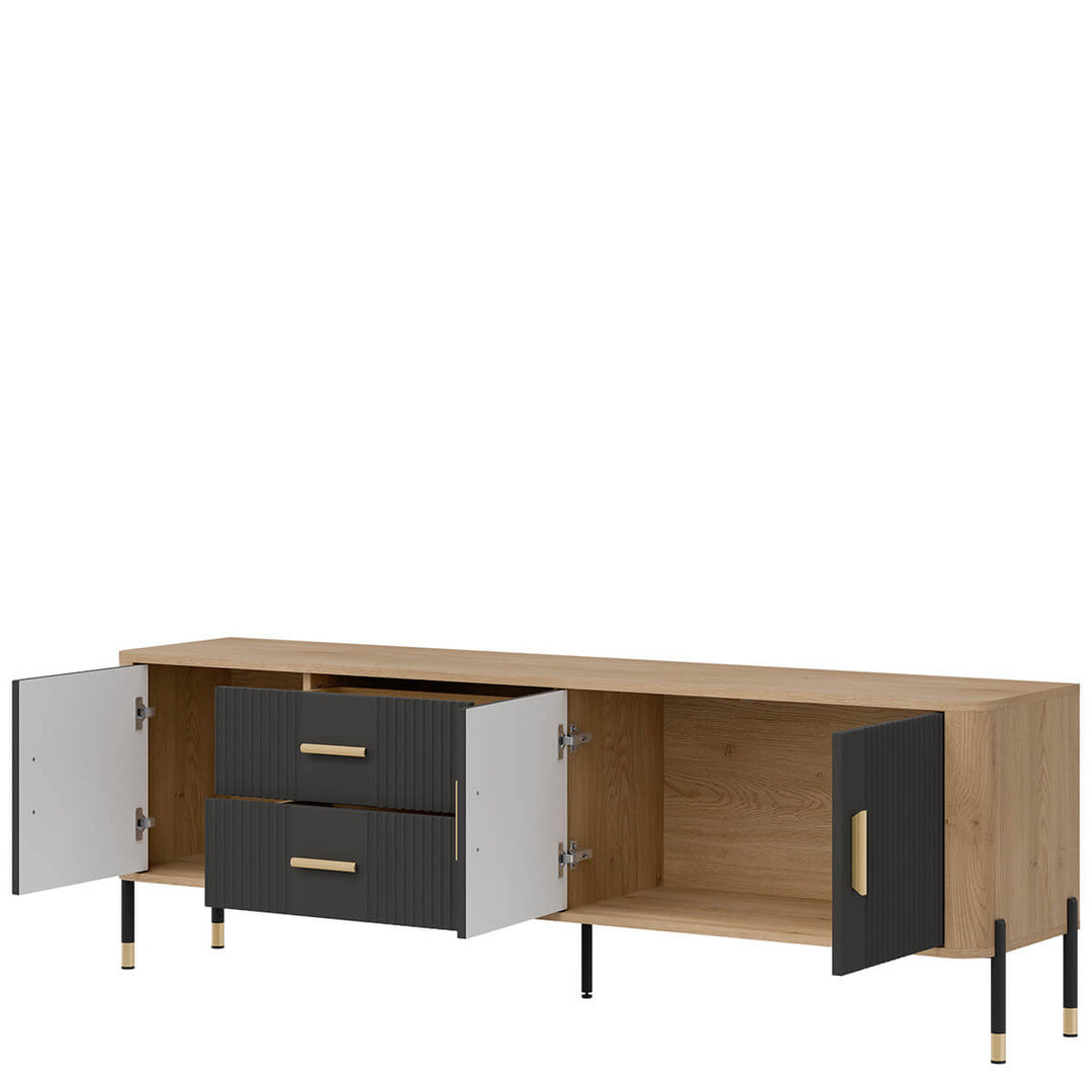 Фото вигляду справа наповнення тумби під телевізор DANTE LIVEO DT02 дуб кремона торро / антрацит / золоті ручки