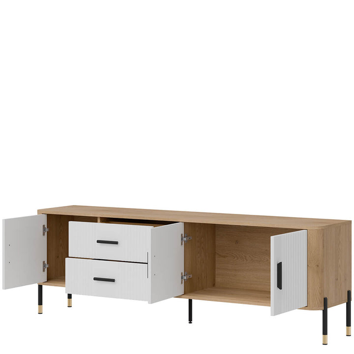 Фото вигляду справа наповнення тумби під телевізор DANTE LIVEO DT02 дуб кремона торро / білий / чорні ручки