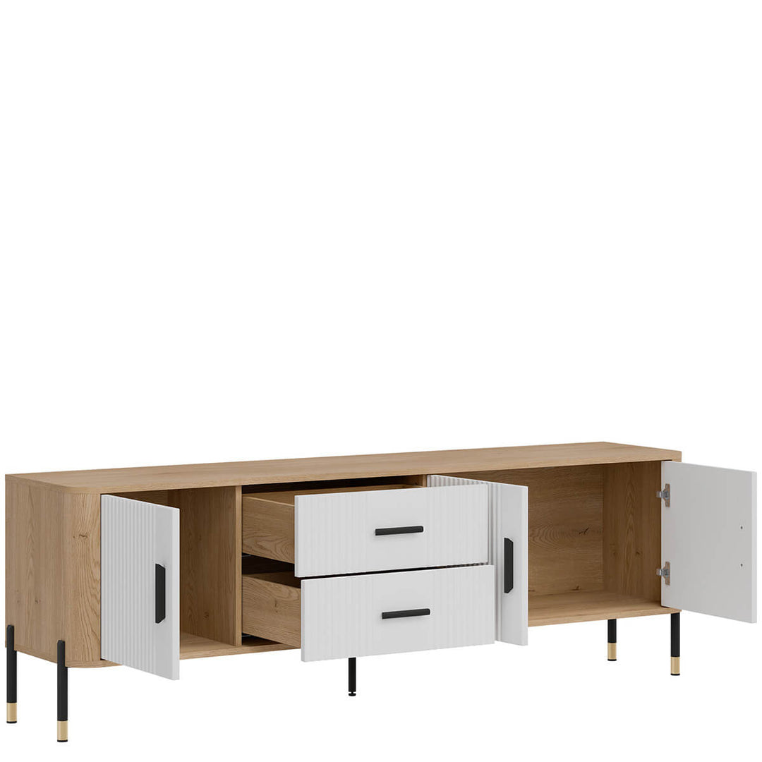 Фото вигляду зліва наповнення тумби під телевізор DANTE LIVEO DT02 дуб кремона торро / білий / чорні ручки