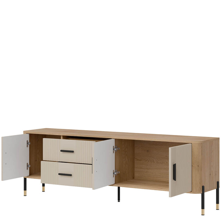 Фото вигляду справа наповнення тумби під телевізор DANTE LIVEO DT02 дуб кремона торро / кашемір / чорні ручки