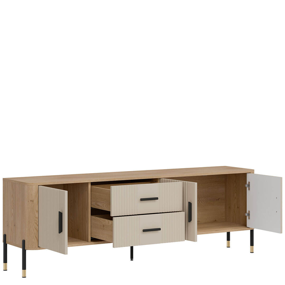 Фото вигляду зліва наповнення тумби під телевізор DANTE LIVEO DT02 дуб кремона торро / кашемір / чорні ручки