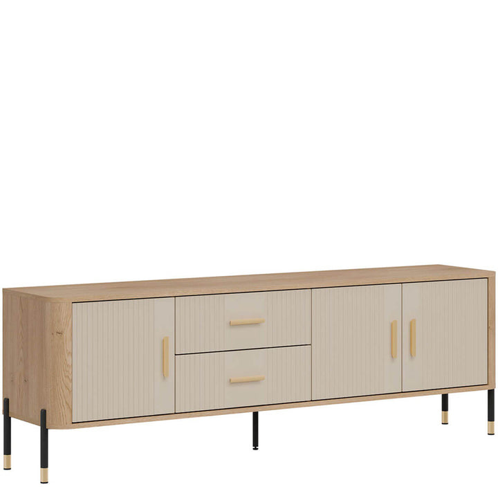 Фото вигляду зліва тумби під телевізор DANTE LIVEO DT02 дуб кремона торро / кашемір / золоті ручки