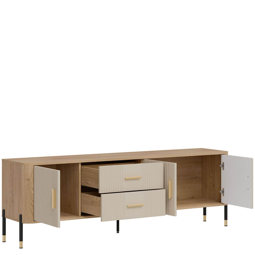 Фото вигляду зліва наповнення тумби під телевізор DANTE LIVEO DT02 дуб кремона торро / кашемір / золоті ручки