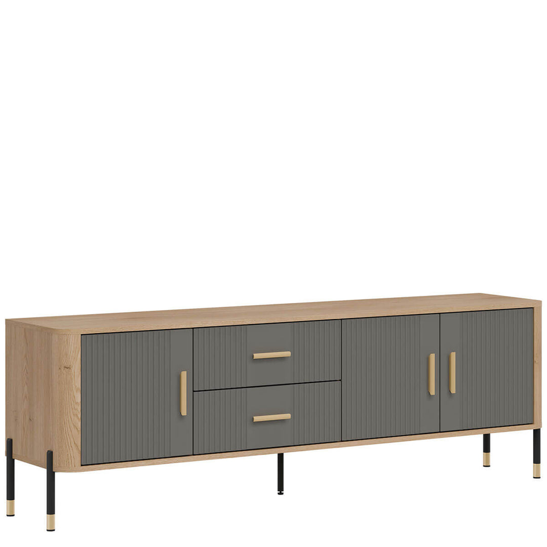 Фото вигляду зліва тумби під телевізор DANTE LIVEO DT02 дуб кремона торро / сірий / золоті ручки