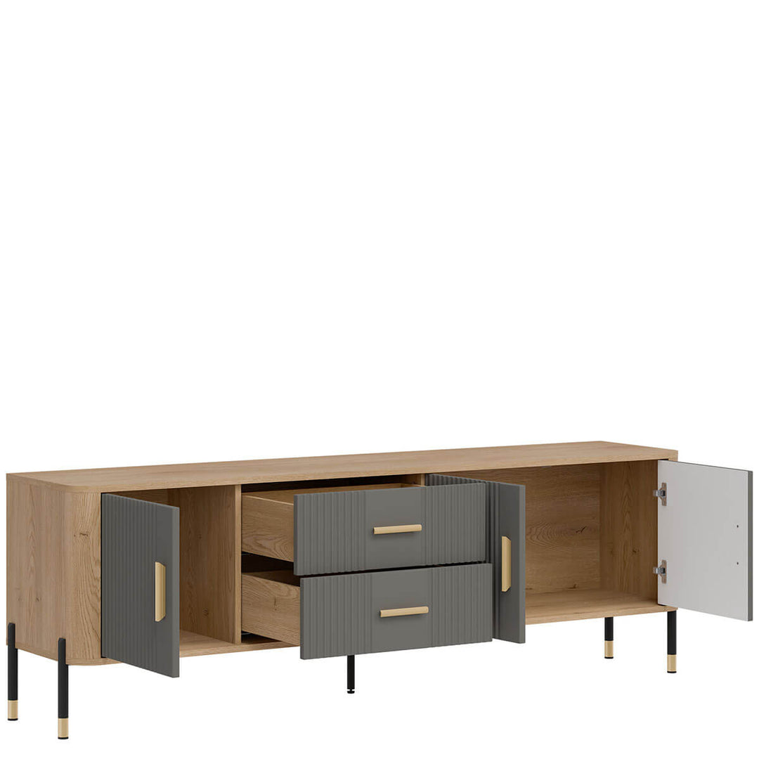 Фото вигляду зліва наповнення тумби під телевізор DANTE LIVEO DT02 дуб кремона торро / сірий / золоті ручки