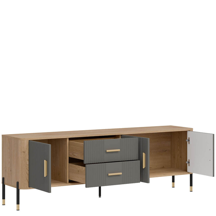 Фото вигляду зліва наповнення тумби під телевізор DANTE LIVEO DT02 дуб кремона торро / сірий / золоті ручки