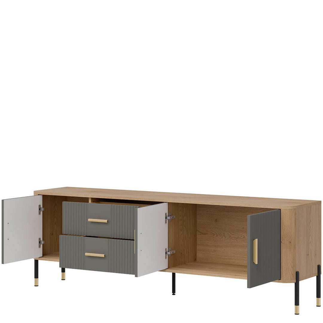 Фото вигляду справа наповнення тумби під телевізор DANTE LIVEO DT02 дуб кремона торро / сірий / золоті ручки