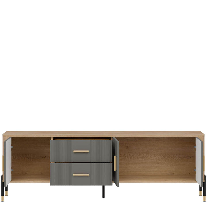 Фото наповнення тумби під телевізор DANTE LIVEO DT02 дуб кремона торро / сірий / золоті ручки