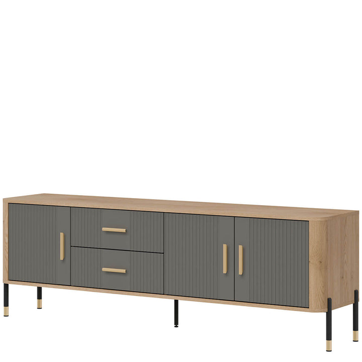 Фото вигляду справа тумби під телевізор DANTE LIVEO DT02 дуб кремона торро / сірий / золоті ручки