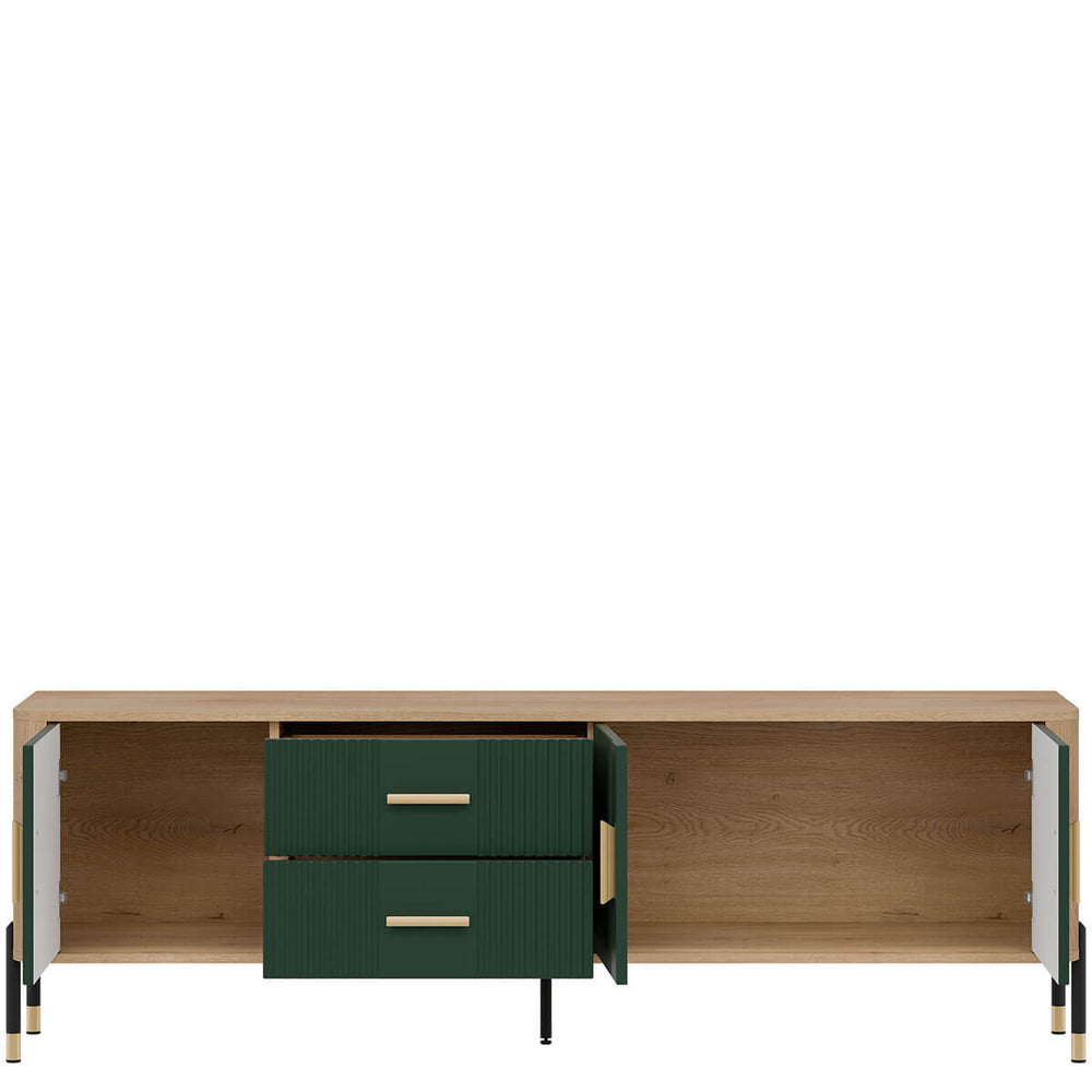 Фото наповнення тумби під телевізор DANTE LIVEO DT02 дуб кремона торро / зелений / золоті ручки