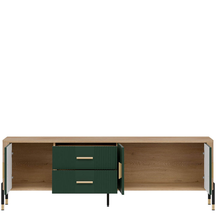 Фото наповнення тумби під телевізор DANTE LIVEO DT02 дуб кремона торро / зелений / золоті ручки