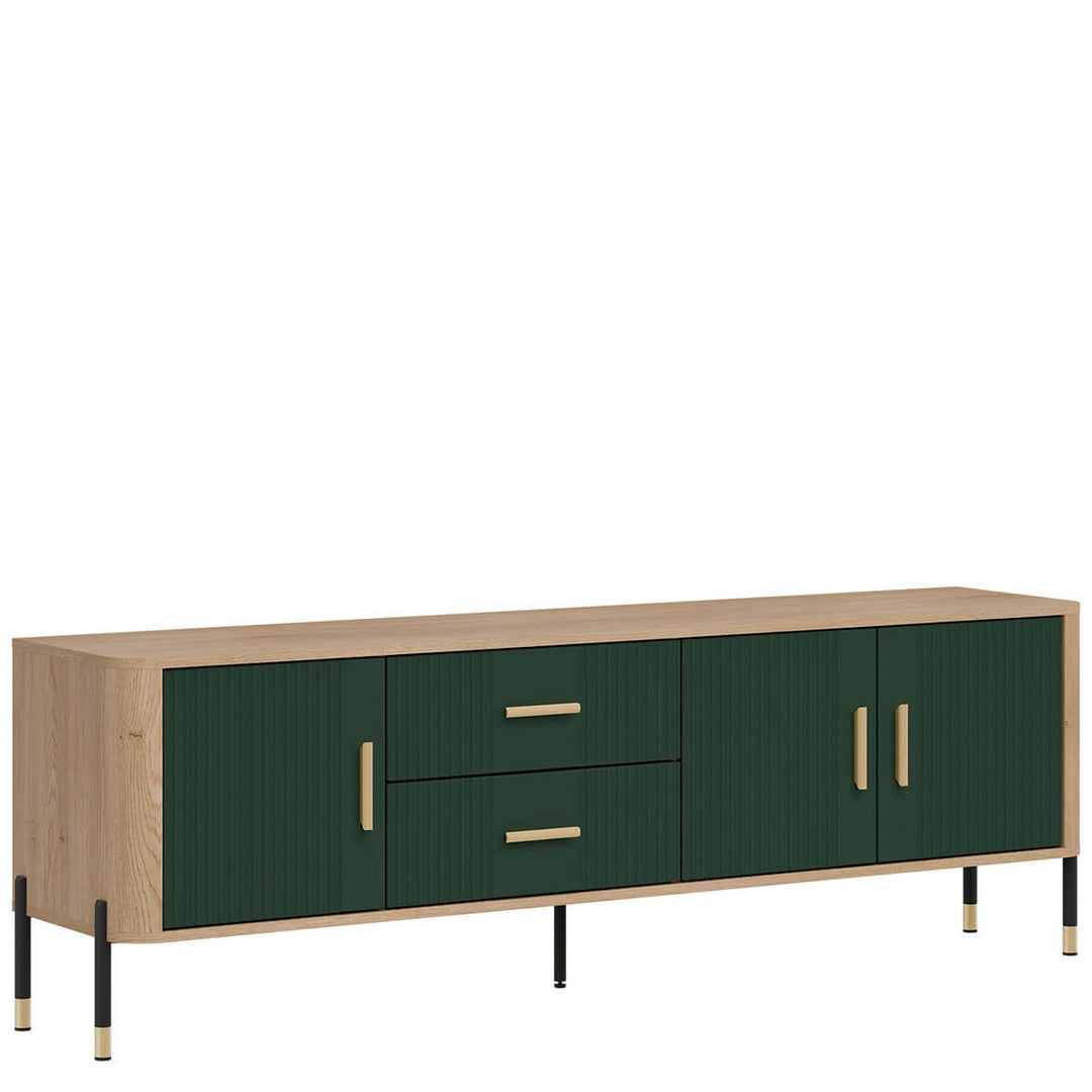 Фото вигляду зліва тумби під телевізор DANTE LIVEO DT02 дуб кремона торро / зелений / золоті ручки